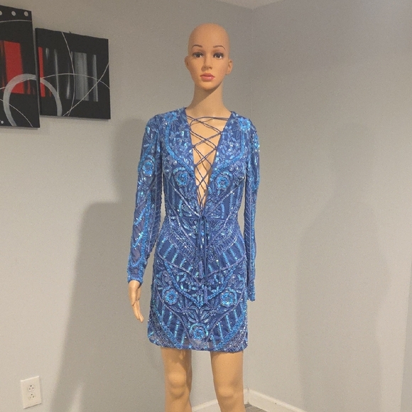 Chic Blue Lace-Up Long Sleeve Dress - Picture 3 of 12